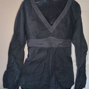 LOFT Black V-Neck Long-Sleeve Top with White Contrast Stitching